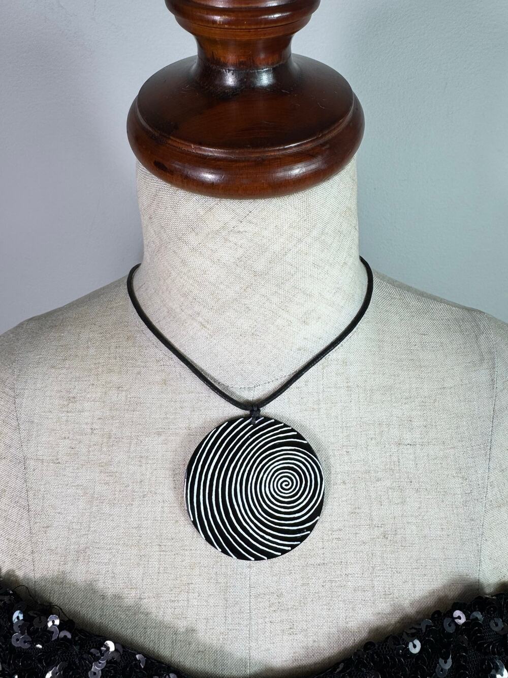 Black & White Spiral Pendant Necklace Round Statement Boho Artsy